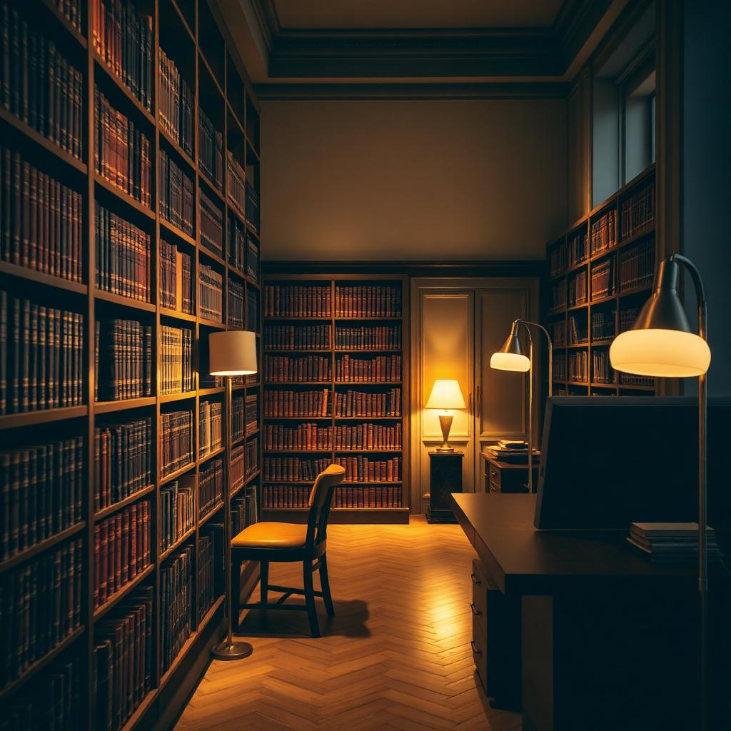 Warmes Büro mit Lederbüchern und minimalistischen Lampen